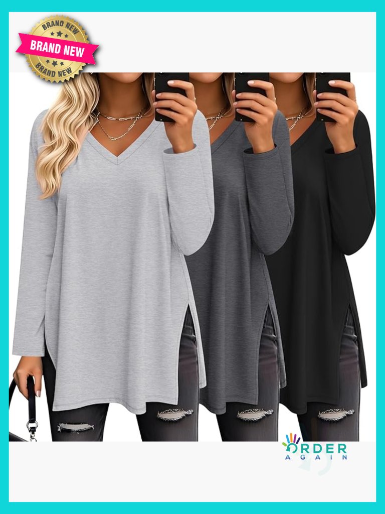 3 Pack Oversized Long Sleeve V Neck Tunic Tops Side Split Loose Workout Tees